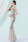 Women Summer Silver Modest V-neck Sleeveless Patchwork Sequined Mermaid Fringed Evening Dress