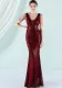 Women Summer Burgunry Modest V-neck Sleeveless Patchwork Sequined Mermaid Fringed Evening Dress