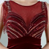 Women Summer Burgunry Romantic O-Neck Sleeveless Patchwork Velvet Silt Fringed Evening Dress