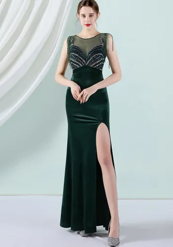 Women Summer Green Romantic O-Neck Sleeveless Patchwork Velvet Silt Fringed Evening Dress