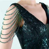 Women Summer Green Modest V-neck Sleeveless Patchwork Sequined Mermaid Fringed Evening Dress