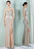 Women Summer Silver Romantic O-Neck Sleeveless Patchwork Velvet Silt Fringed Evening Dress
