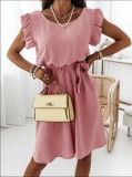 Women Summer Pink Cute O-Neck Short Sleeves Solid Cascading Ruffle Knee-Length Loose Shirt Dress
