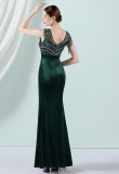 Women Summer Green Romantic O-Neck Sleeveless Patchwork Velvet Silt Fringed Evening Dress