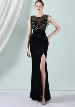 Женское летнее черное романтическое вечернее платье с круглым вырезом без рукавов в стиле пэчворк из бархата с бахромой
