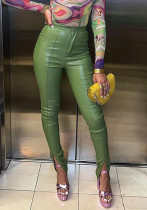 Pantalones ajustados de longitud completa para mujer, color verde primavera, rectos, de cintura alta, con cremallera y mosca