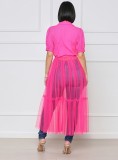 Women Summer Pink Modest Turn-down Collar Short Sleeves Solid Belted Maxi Dress