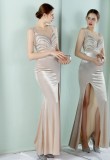 Women Summer Silver Romantic O-Neck Sleeveless Patchwork Velvet Silt Fringed Evening Dress