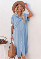 Женское летнее синее повседневное платье-рубашка с отложным воротником и короткими рукавами, сплошные карманы, миди, свободное платье-рубашка