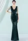 Women Summer Green Modest V-neck Sleeveless Patchwork Sequined Mermaid Fringed Evening Dress