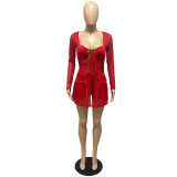 Women Summer Red Modest Square Collar Full Sleeves High Waist Solid Pockets Regular Two Piece Shorts Set
