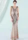 Women Summer Gold Modest V-neck Sleeveless Patchwork Sequined Mermaid Fringed Evening Dress