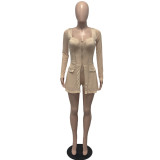 Women Summer Gold Modest Square Collar Full Sleeves High Waist Solid Pockets Regular Two Piece Shorts Set