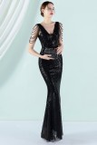 Women Summer Black Modest V-neck Sleeveless Patchwork Sequined Mermaid Fringed Evening Dress