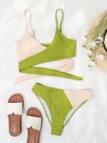 Women Green Bikini Strap Color Blocking Two Piece Swimwear