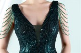 Women Summer Green Modest V-neck Sleeveless Patchwork Sequined Mermaid Fringed Evening Dress