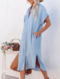 Women Summer Blue Casual Turn-down Collar Short Sleeves Solid Pockets Midi Loose Shirt Dress