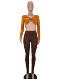 Women Summer Orange Sexy V-neck Full Sleeves High Waist Solid Regular Two Piece Pants Set