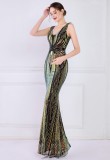 Women Summer Black Formal V-neck Sleeveless Patchwork Sequined Mermaid Evening Dress