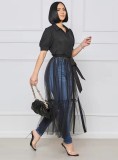 Women Summer Black Modest Turn-down Collar Short Sleeves Solid Belted Maxi Dress