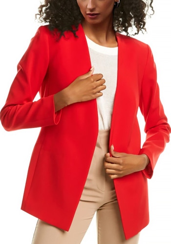 Women Autumn Red Formal V-neck Full Sleeves Solid Open Stitch Regular  Blazer