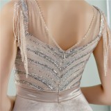 Women Summer Silver Romantic O-Neck Sleeveless Patchwork Velvet Silt Fringed Evening Dress