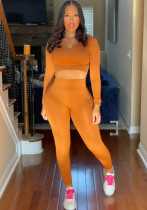 Women Autumn Orange Sports Full Sleeves High Waist Solid Skinny Two Piece Pants Set