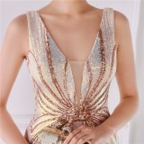 Women Summer Gold Formal V-neck Sleeveless Patchwork Sequined Mermaid Evening Dress