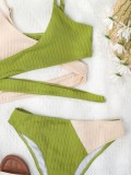 Women Green Bikini Strap Color Blocking Two Piece Swimwear