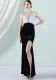 Women Summer White Romantic O-Neck Sleeveless Patchwork Velvet Silt Fringed Evening Dress