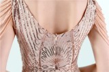 Women Summer Gold Modest V-neck Sleeveless Patchwork Sequined Mermaid Fringed Evening Dress