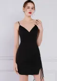 Women Summer Black Formal V-neck Sleeveless Solid Fringed Mini Straight Club Dress