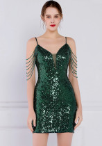 Frauen-Sommer-Grün Modest Strap Sleeveless Solid Sequined Mini Straight Club Dress
