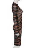 Women Summer Brown Modest O-Neck Full Sleeves Striped Print Midi Bodycon Dress