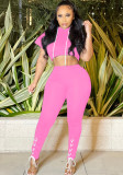 Women Summer Pink Hooded Short Sleeves High Waist Solid Lace Up Tight Full Length Tracksuit