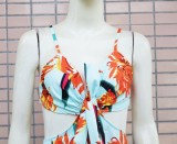Women Summer Blue Romantic V-neck Sleeveless Floral Print Cascading Ruffle Mini Skater Dress