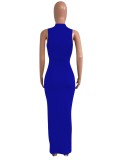 Women Summer Blue Modest O-Neck Sleeveless Patchwork Hollow Out Maxi Dress