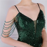 Women Summer Green Modest Strap Sleeveless Solid Sequined Mini Straight Club Dress