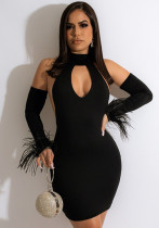 Women Summer Black Sexy Halter Wrist Sleeves Solid Feathers Mini Sheath Club Dress