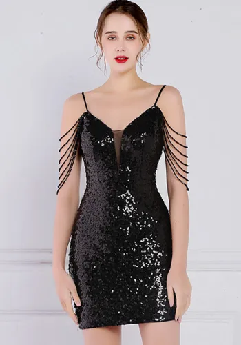 Women Summer Black Modest Strap Sleeveless Solid Sequined Mini Straight Club Dress