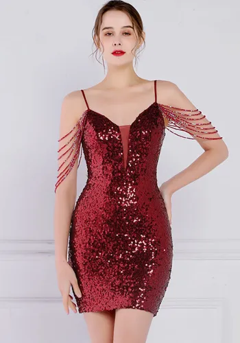 Women Summer Red Modest Strap Sleeveless Solid Sequined Mini Straight Club Dress
