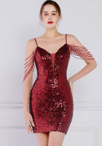 Damen Sommer Rot Modest Strap Ärmelloses Solid Pailletten Mini Straight Club Kleid