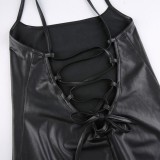 Women Summer Black Sexy Halter Sleeveless Solid PU Leather Slit Midi Straight Club Dress