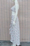Women Summer White Sexy Strapless Sleeveless High Waist Floral Print Cascading Ruffle Regular MidiTwo Piece Skirt Set