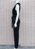 Women Summer Black Formal V-neck Sleeveless Solid Belted Full Length Regular Jumpsuit