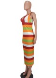 Women Summer Printed Modest V-neck Sleeveless Striped Print Midi Bodycon Dress
