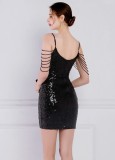 Women Summer Black Modest Strap Sleeveless Solid Sequined Mini Straight Club Dress