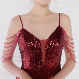 Women Summer Red Modest Strap Sleeveless Solid Sequined Mini Straight Club Dress