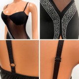 Women Summer Black Sexy Strap Sleeveless Patchwork Diamonds Sheath Midi Dress