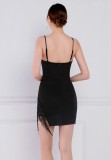 Women Summer Black Formal V-neck Sleeveless Solid Fringed Mini Straight Club Dress